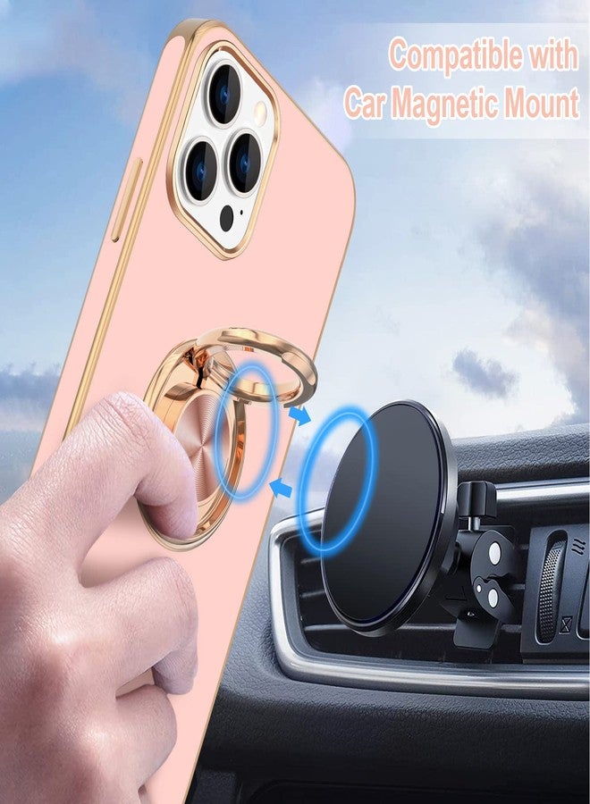 Hython for iPhone 14 Pro Max Case with Ring Stand [360° Rotatable Ring Holder Magnetic Kickstand] [Support Car Mount] Plated Gold Edge Slim Soft TPU Luxury Protective Phone Case Cover, Pink - Image 5